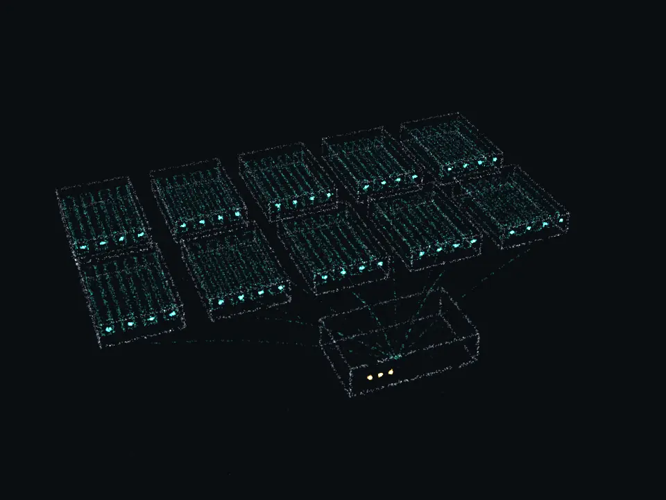Illustration in points: ten servers of four GPUs each, 40 GPUs in total, linked to one orchestration host, all assembled at hour 48.